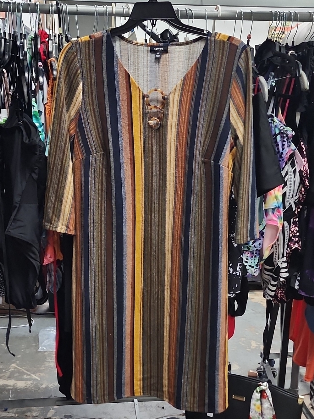 Striped Midi Dress with Tortoiseshell Ring Detail